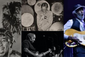 4 Panel photo with women on left with feather hat, man up top surrounded by drums, man on bottom playing guitar, man on right singing and playing yellow guitar